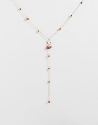 Mango Drop Chain Necklace With Real Stone Beads In Gold