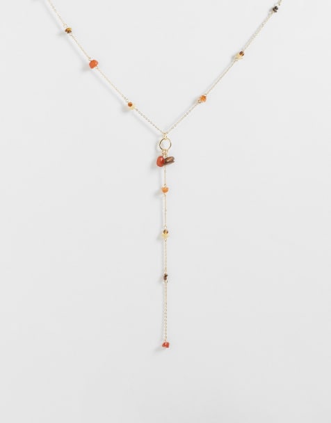 Mango drop chain necklace with real stone beads in gold - view 1