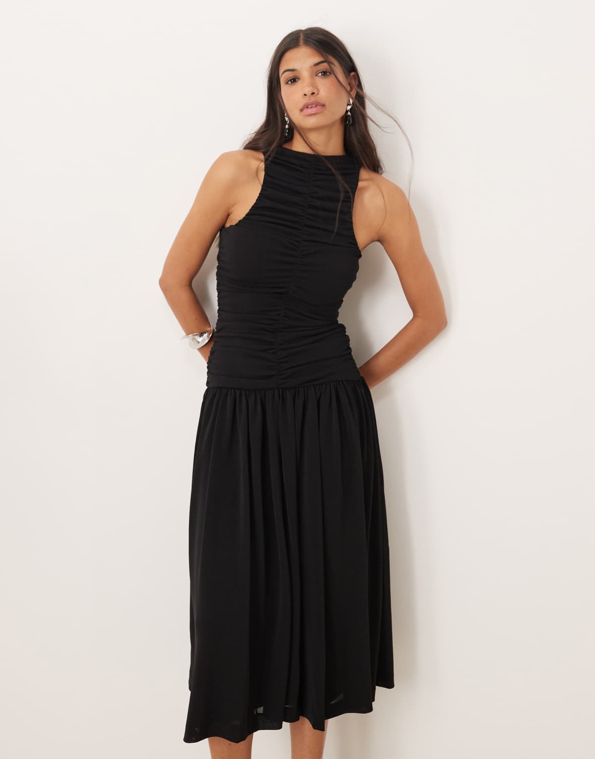 Mango drop hem ruched midaxi dress in black