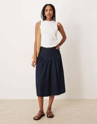 Mango Drop Waist Gathered A-line Denim Skirt Indigo-blue