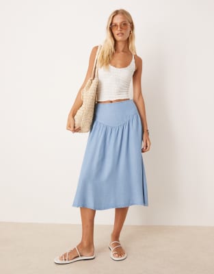Mango Mango drop waist gathered detail midi skirt in sky blue