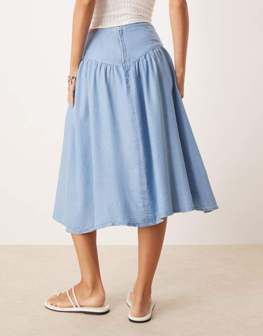 Mango drop waist gathered detail midi skirt in sky blue, 3 of 5