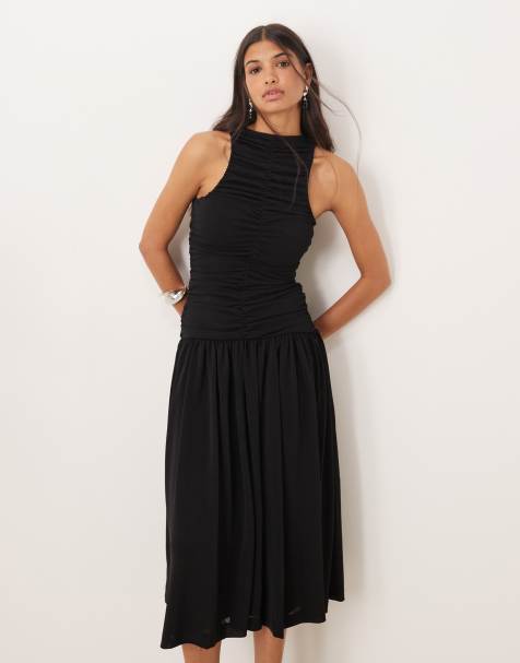 Mango dropped hem ruched midaxi dress in black - view 1