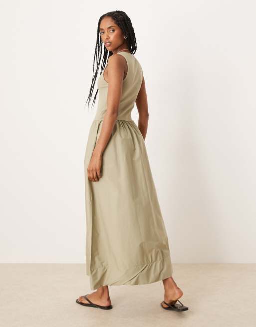 mango sage green dress dropped waist sleeveless in Midi dress
