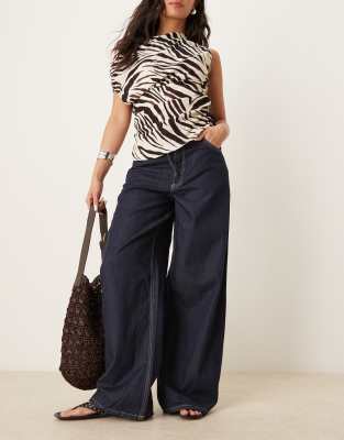 Mango - Dunkelblaue Hose aus Leinenmix in Denim-Optik mit elastischem Bund und weitem Bein