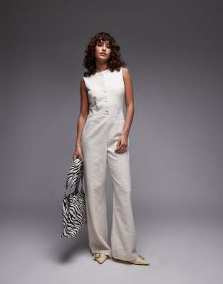 Mango - Durchgeknöpfter Jumpsuit in Hellbeige mit Rundhalsausschnitt-Neutral