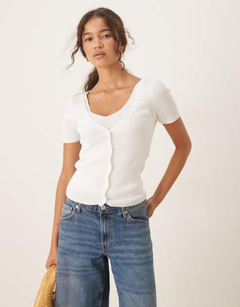 Mango double layered short sleeve fine knit cardigan in white