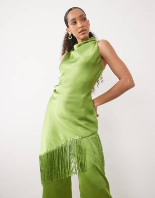 Mango Dylan High Cowl Neck Satin Sleeveless Blouse Co-ord With Tassle Detail In Green