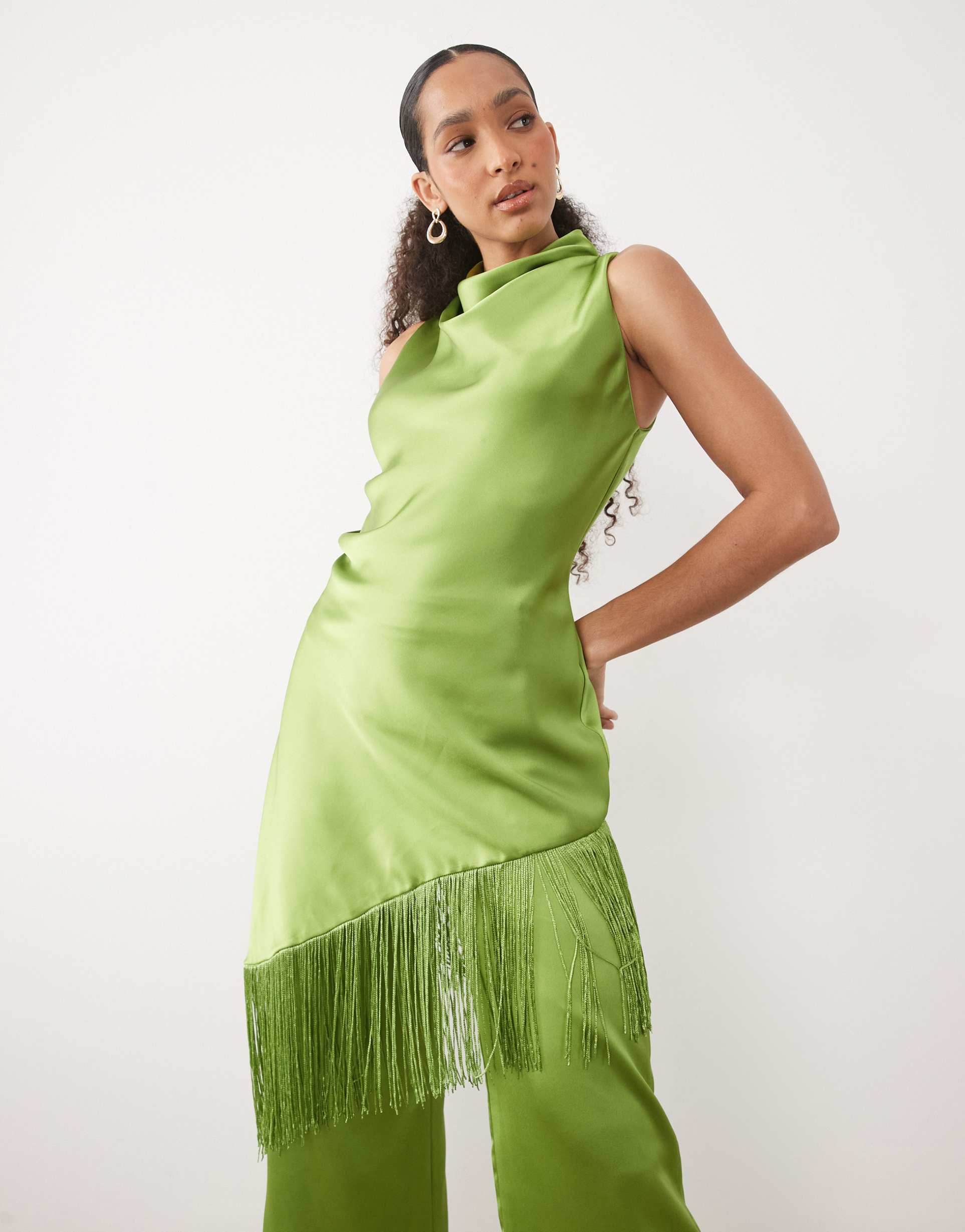 mango dylan high cowl neck sleeveless satin blouse with tassel detailing in lime - part of a set