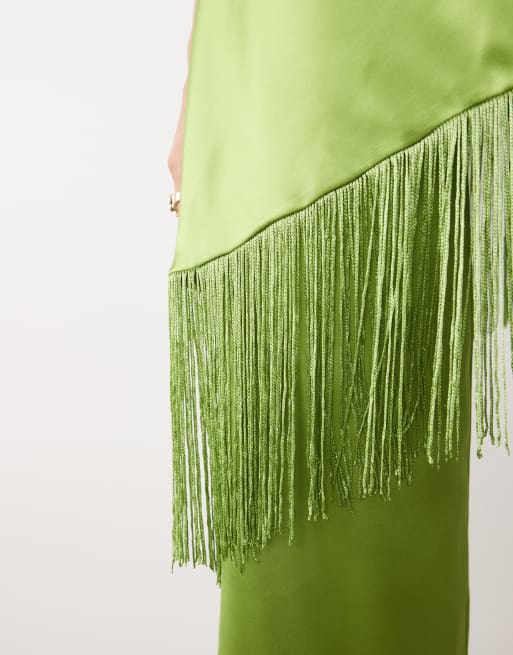 mango green tassel dress Dylan high cowl neck sleeveless satin blouse with detailing in lime - part of a set G13075-6 GREEN