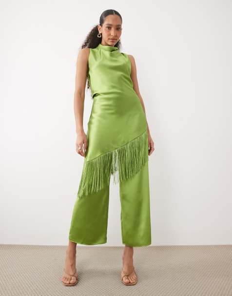 Mango Dylan satin straight leg trouser co-ord in lime