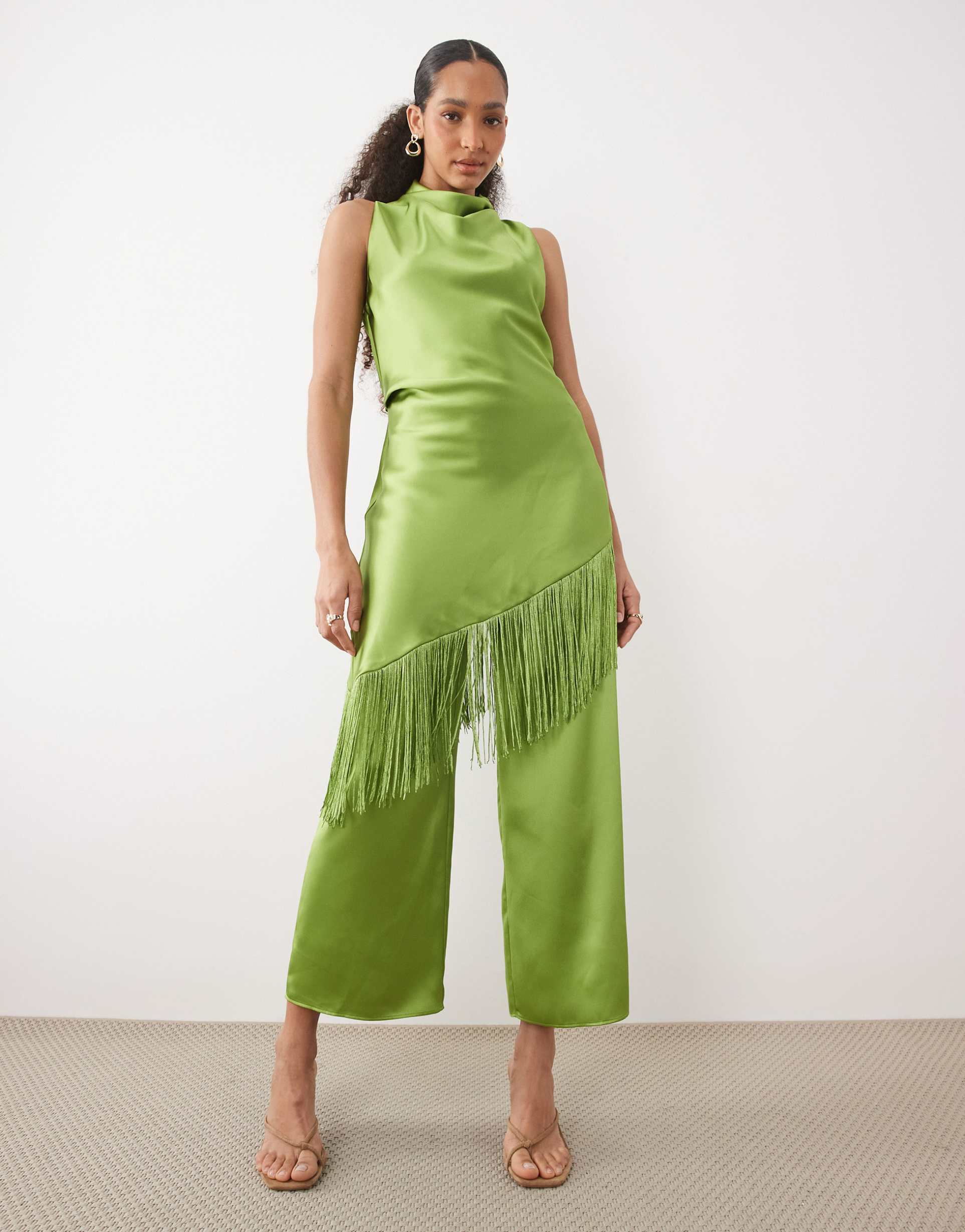 mango dylan satin straight leg pants in lime - part of a set