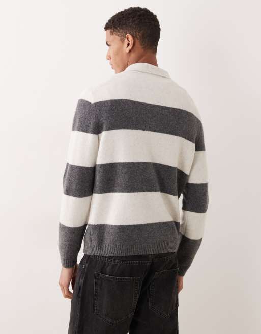 Mango – Dzianinowy sweter w kolorze ecru z kołnierzykiem polo w paski, 3 z 5
