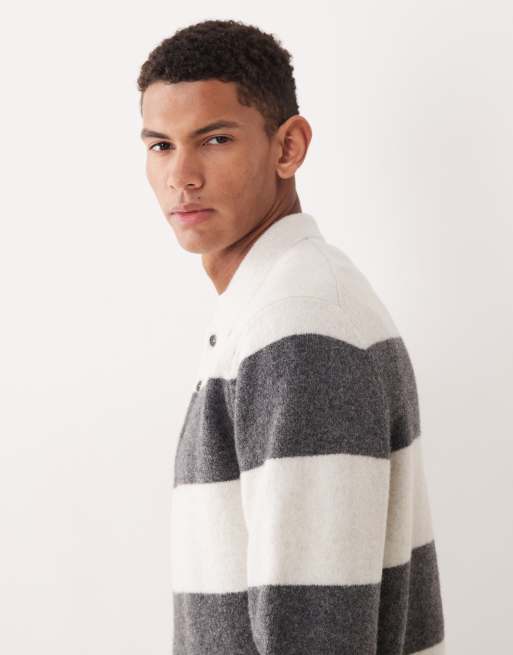Mango – Dzianinowy sweter w kolorze ecru z kołnierzykiem polo w paski, 4 z 5