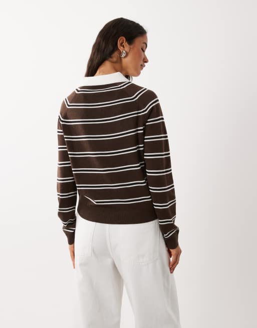 Mango dzianinowy top polo w brązowe paski, 4 z 4