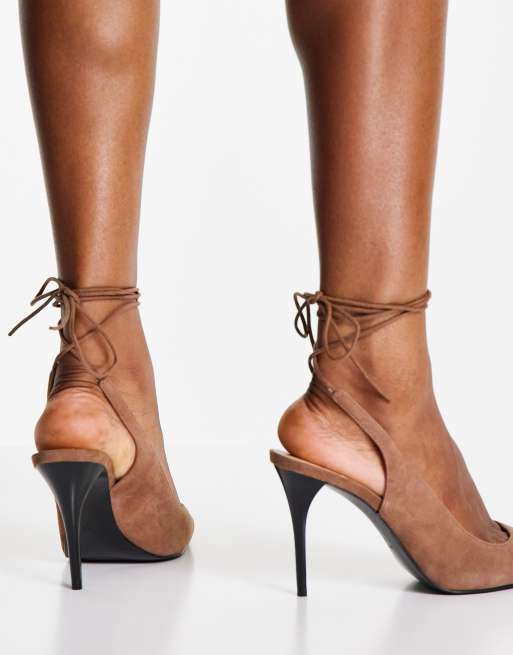 Mango - Echte suède pumps met strikbanden in bruin, 3 van 4