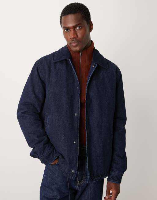 Mango elastic detail denim bomber jacket in dark wash blue
