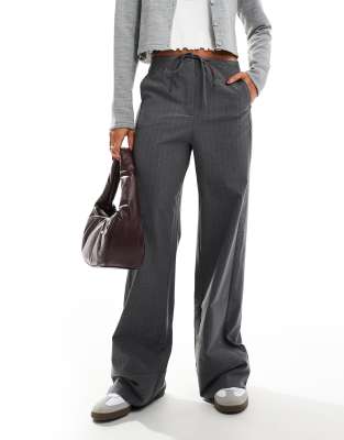 Mango Elastic Pinstripe Tie Front Pants In Gray In Gray
