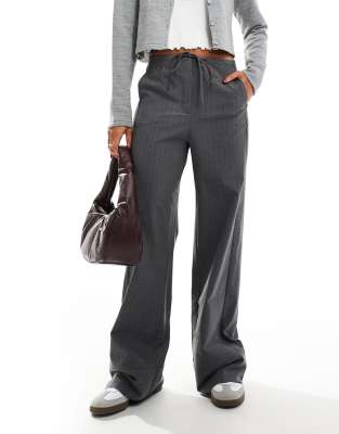 elastic pinstripe tie front pants in gray