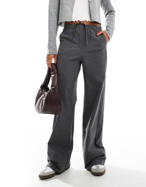 Mango elastic pinstripe tie front pants in gray