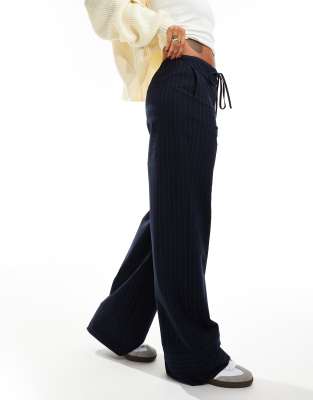 elastic pinstripe tie front pants in navy