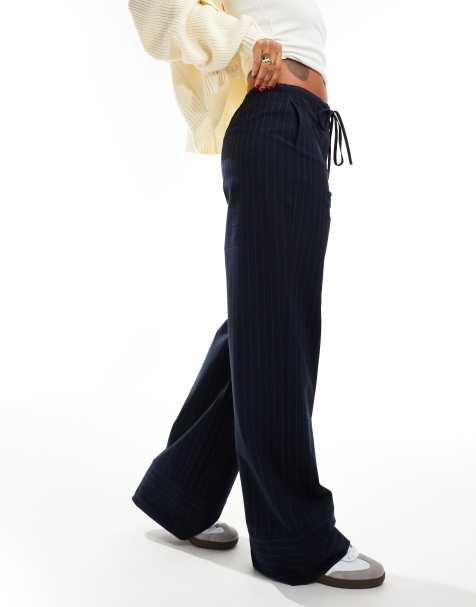 Mango elastic pinstripe tie front pants in navy - view 1