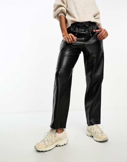 Mango elastic tie waist faux leather cigarette pants in black ASOS