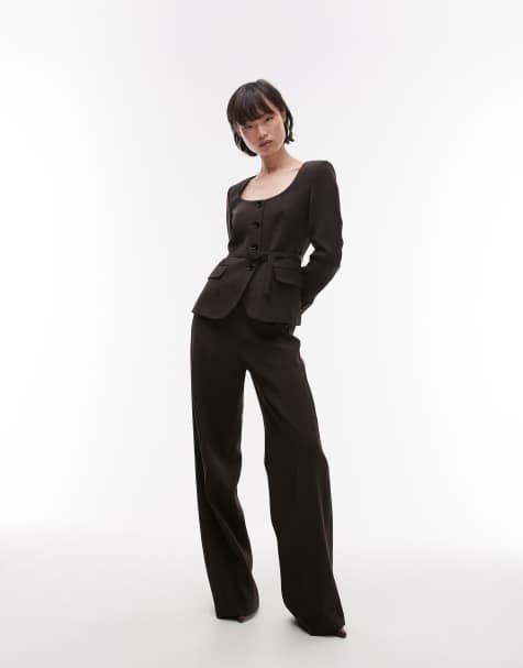 Mango elasticated fitted suit co-ord in chocolate brown - view 1
