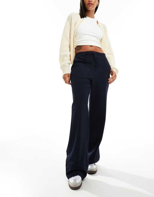 Mango elasticated pinstripe tie front trousers in navy ASOS