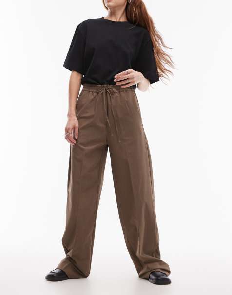 Mango elasticated tie waist relaxed trouser in brown - view 1