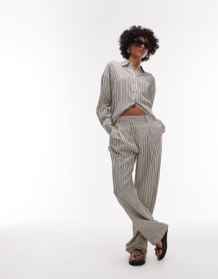 elasticated waist staight leg stripe pants in mono stripe - part of a set-Black