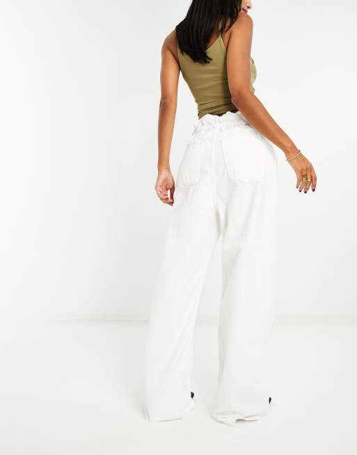 Mango elasticated waist straight leg jeans in white