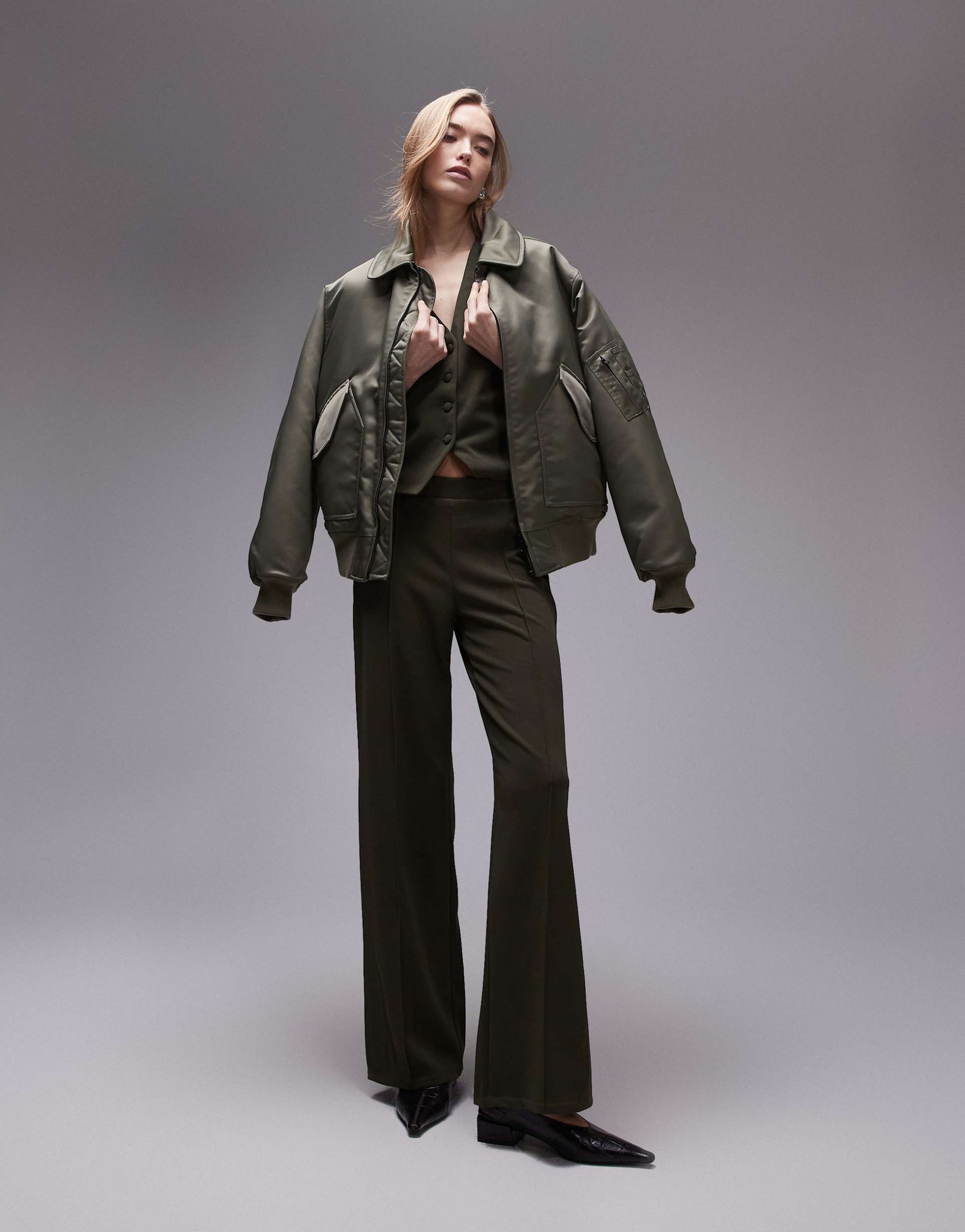 mango elasticated waist straight leg pants in khaki - part of a set