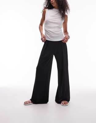 Mango Mango elasticated waist wide leg stretch trousers in black