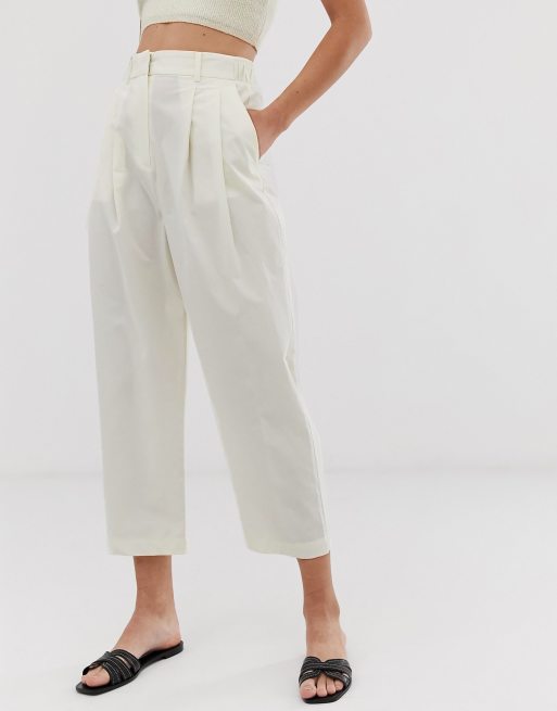 Mango elasticated waist wide leg trousers in white