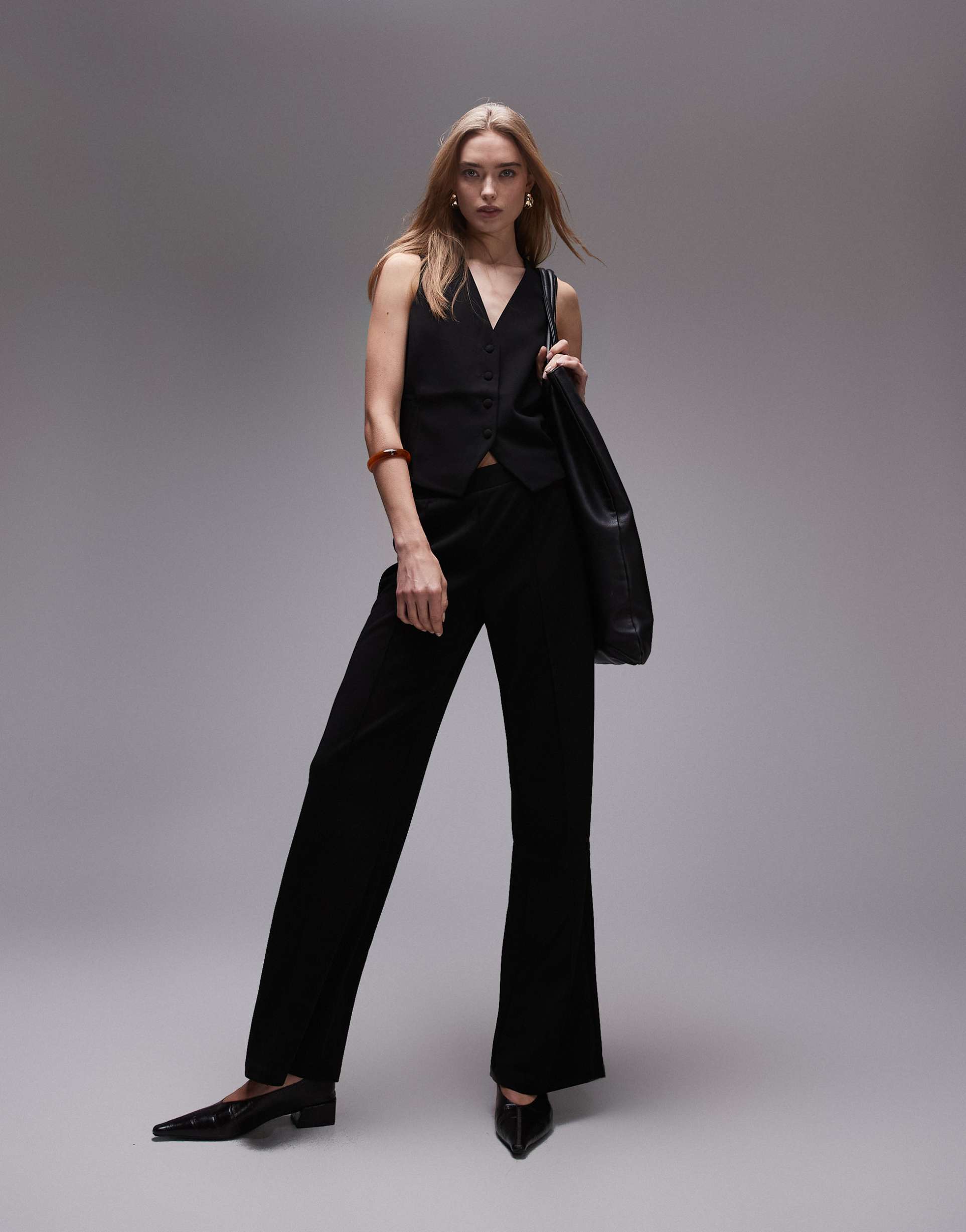 mango elasticized waist straight leg tailored pants in black - part of a set