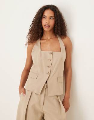 Mango - Elegante Baumwollmix-Weste in Steinbeige mit Neckholder, Kombiteil-Neutral