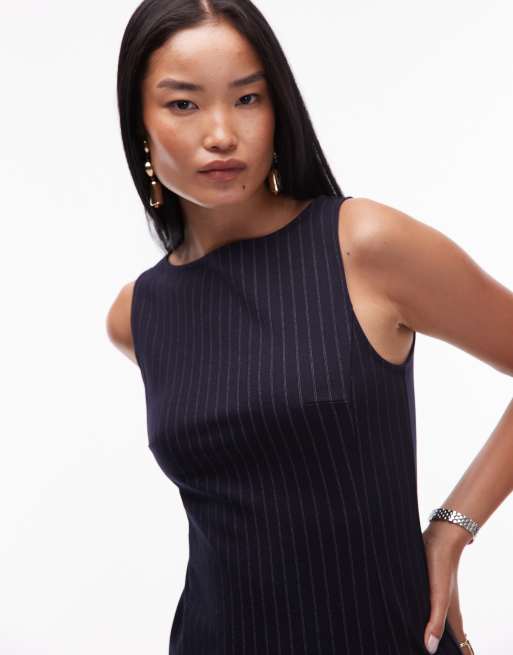 Mango - Elegante mouwloze mini jurk met rechte pasvorm en krijtstreep in marineblauw, 4 van 4