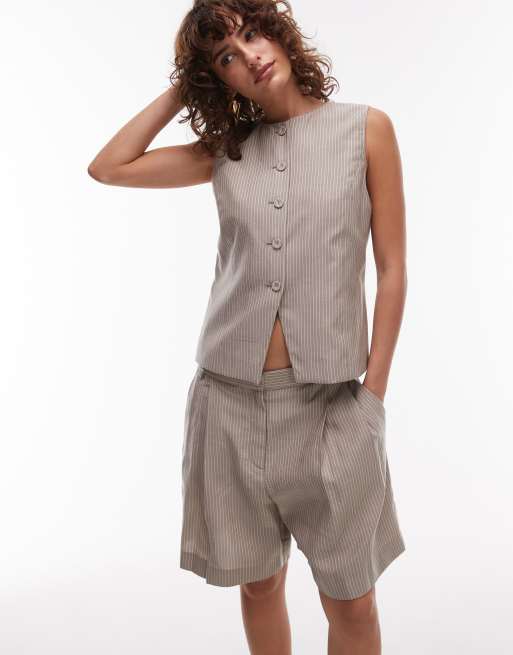 Mango – Elegante Shorts aus Baumwolle in Braun mit Nadelstreifen, Kombiteil, 4 von 5
