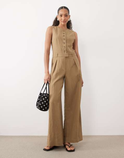 Mango – Eleganter Jumpsuit in hellem Khaki mit Knopfleiste - view 1