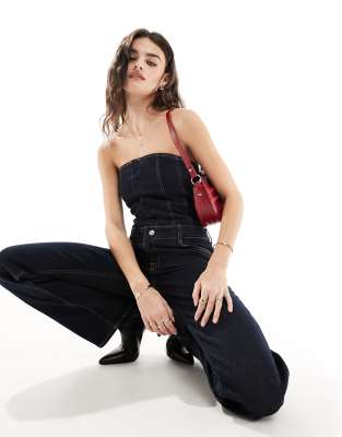 Mango - Eleganter trägerloser Denim-Jumpsuit in Dunkelblau