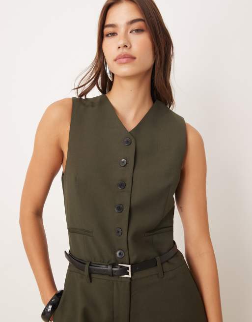 Mango – Eleganter Westen-Jumpsuit aus Wollmix in Khaki mit Gürtel, 2 von 4