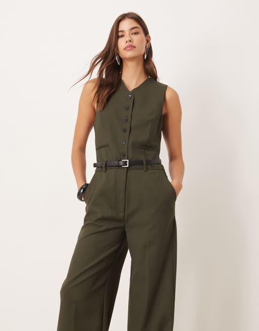 Mango – Eleganter Westen-Jumpsuit aus Wollmix in Khaki mit Gürtel, 4 von 4