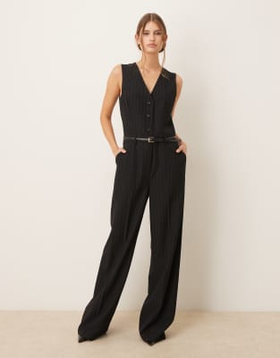 Mango - Eleganter Westen-Jumpsuit in Marineblau mit Gürtel und Nadelstreifen