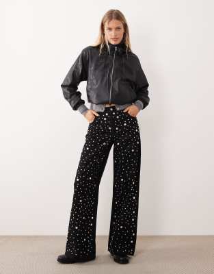Mango Mango Elina 100% cotton straight leg jean with embellishment in black