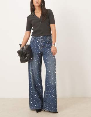 Mango Mango Elina 100% cotton straight leg jean with embellishment in blue