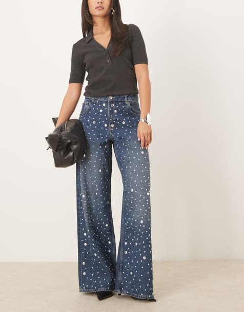 Mango Elina 100% cotton straight leg jean with embellishment in blue