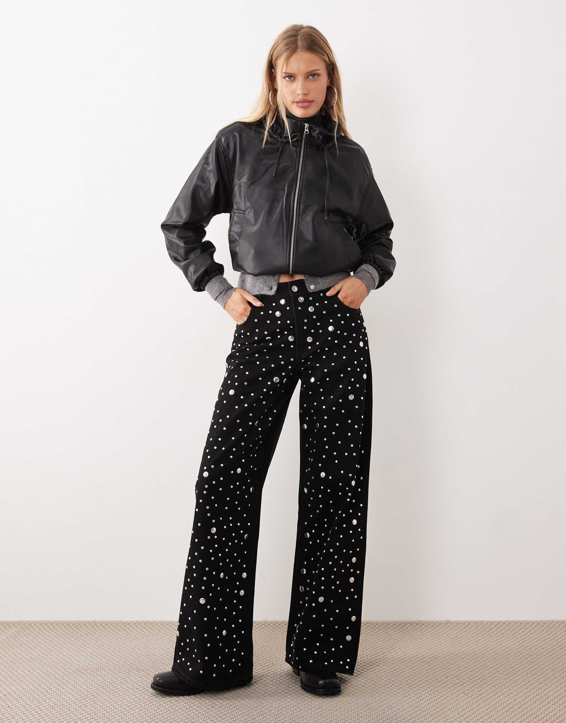 mango elina 100% cotton straight leg jeans with embellishments in black