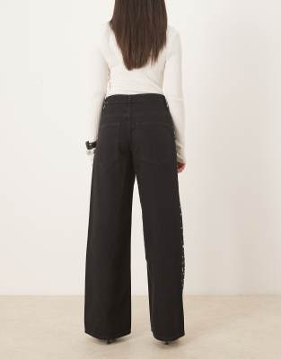 Mango Elina 100% Cotton Straight Leg Jeans With Embellishments In Black