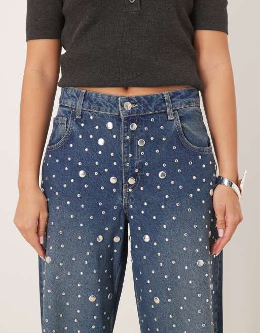 Mango - Elina - Blå jeans med lige ben og udsmykninger i 100% bomuld, 4 af 5